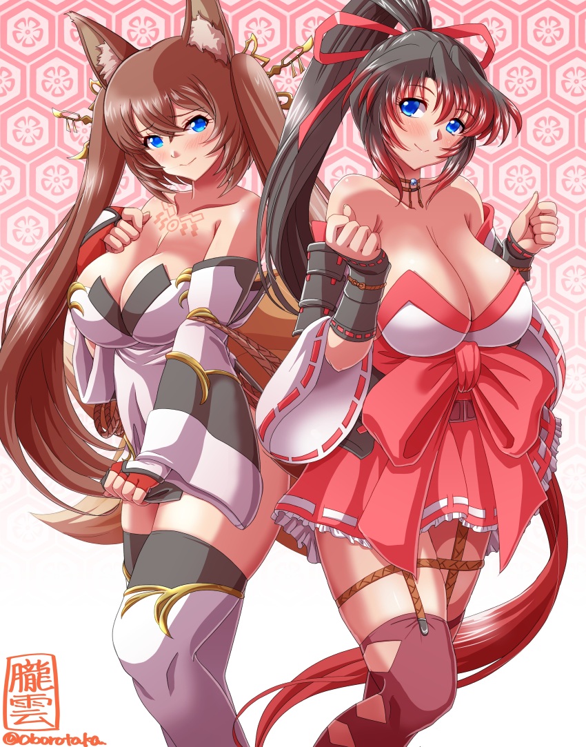 2girls, absurdres, animal_ears, bare_shoulders, blue_eyes, blush, boots, breasts, brown_hair, caleen_keemosn, choker, cleavage, clothes_swap, cosplay, costume_switch, detached_sleeves, dress, embarrassed, endless_frontier, fingerless_gloves, fox_ears, fox_girl, fox_tail, garters, gloves, hair_ornament, hair_ribbon, high_ponytail, highres, huge_breasts, japanese_clothes, large_breasts, long_hair, miko, multicolored_hair, multiple_girls, multiple_tails, nanbu_kaguya, oborogumo_takamitsu, ponytail, red_hair, ribbon, runes, sandals, signature, smile, star_ocean, star_ocean:_anamnesis, strapless, strapless_dress, super_robot_wars, super_robot_wars_og_saga_mugen_no_frontier, tail, thick_thighs, thigh_boots, thighhighs, thighs, twintails, two-tone_hair, very_long_hair, wide_hips