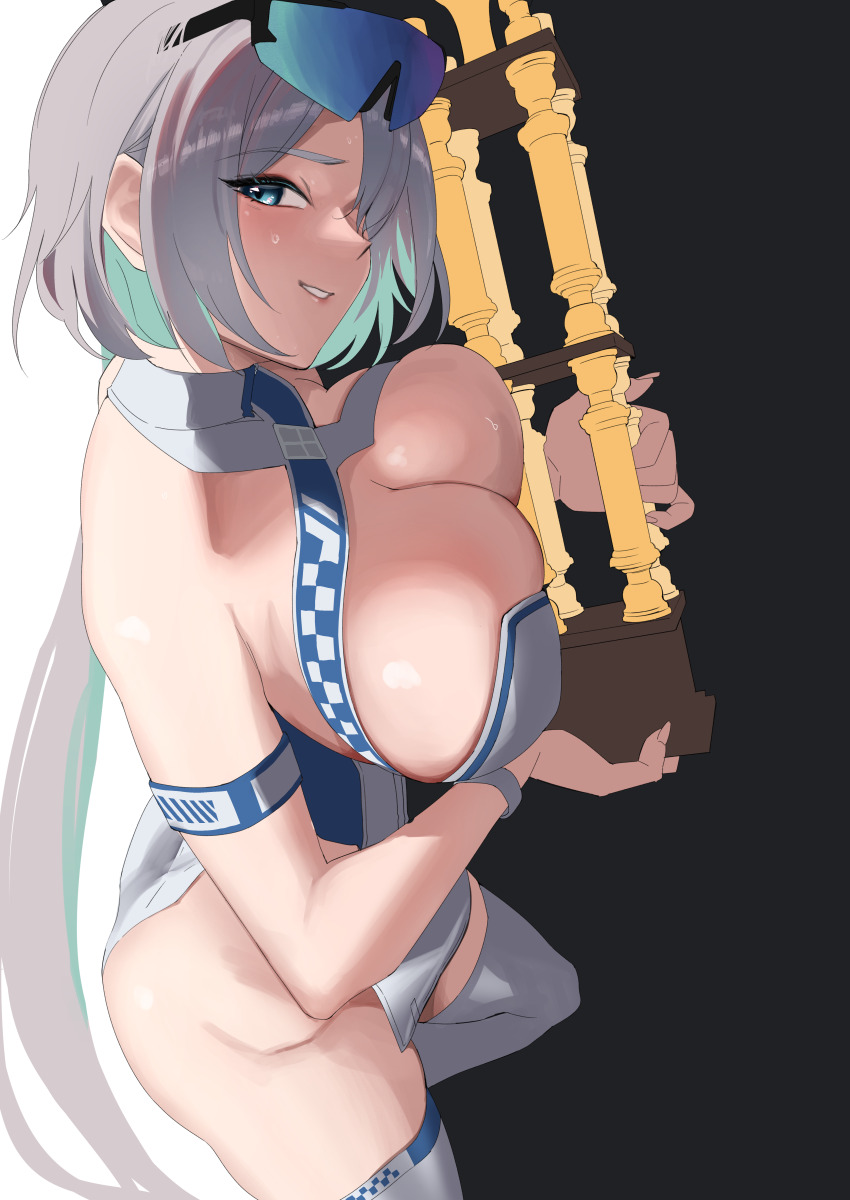 1girl, absurdres, alternate_costume, armband, backless_outfit, bare_shoulders, blue_dress, blue_eyes