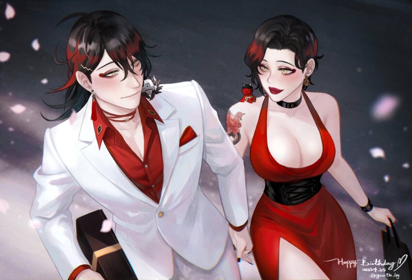 2boys, 2girls, animal_ears, black_choker, black_eyeliner, black_hair, black_nails, blurry