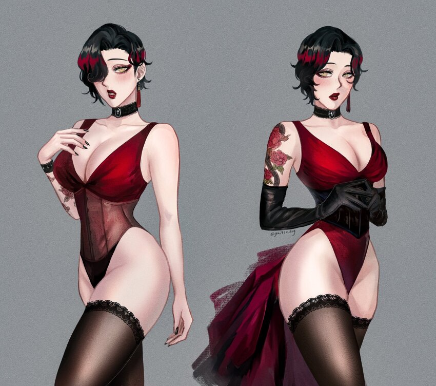 1girl, black_choker, black_gloves, black_hair, breasts, choker, cleavage, collarbone