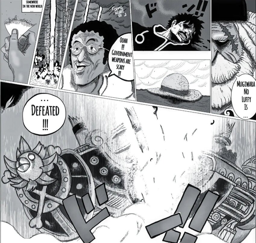 3boys, artist_name, beard, black_hair, black_headwear, closed_mouth, comic, dreadlocks, english_text, facial_hair, formal_clothes, gorousei, hat, highres, jaygarcia_saturn, kizaru_(one_piece), medium_hair, monkey_d._luffy, monochrome, multiple_boys, mustache, old, old_man, one_piece, open_mouth, opmangart69, scar, scar_on_face, serious, ship, short_hair, signature, speech_bubble, straw_hat, sunglasses, thousand_sunny, watercraft, white_hair