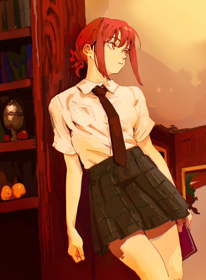 1girl, absurdres, alternate_hairstyle, bchan1582, black_necktie, bookshelf, chainsaw_man, collared_shirt