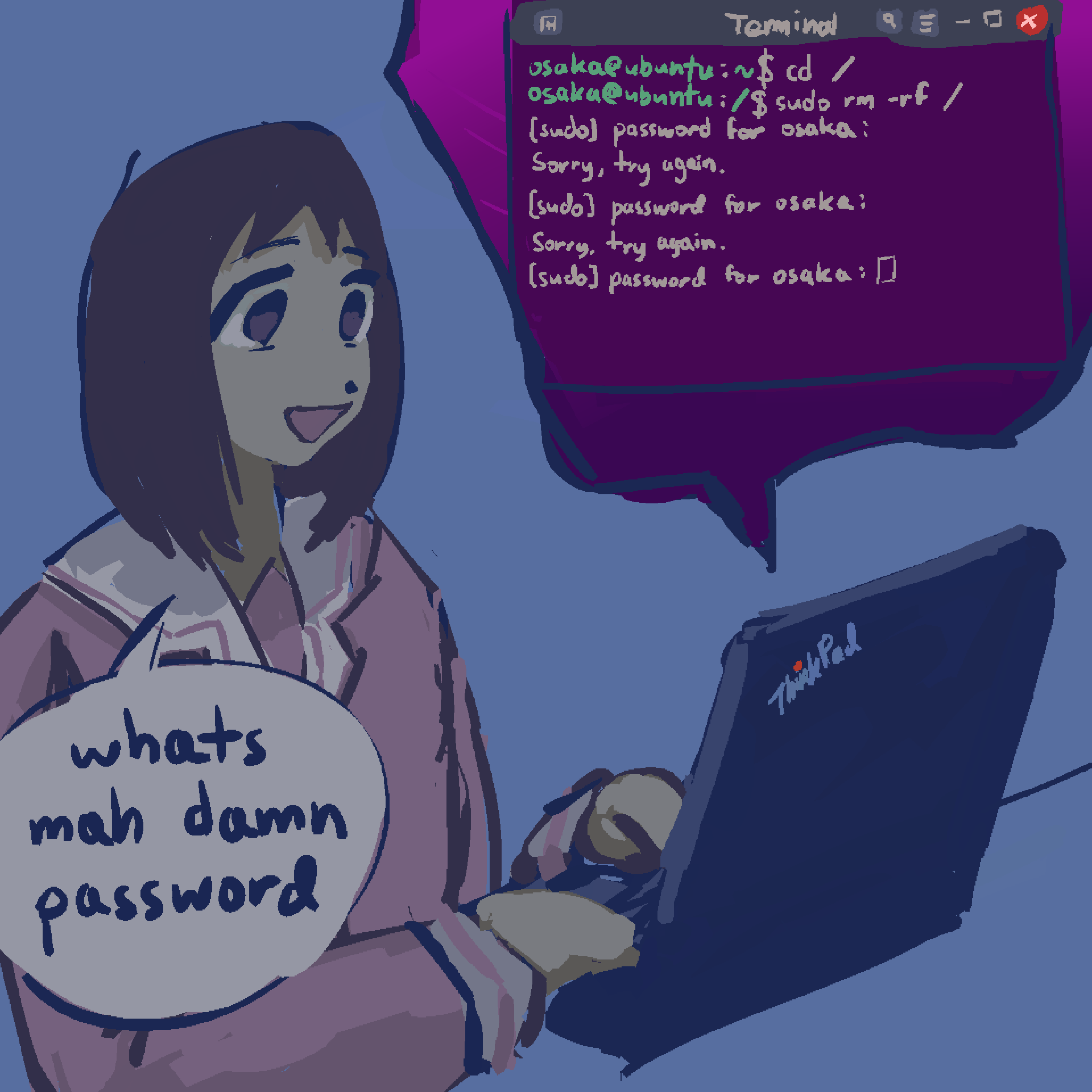 1girl, at_computer, azumanga_daioh's_school_uniform, azumanga_daiou, brown_eyes, brown_hair, commentary, computer, english_commentary, english_text, gooseygang, highres, kasuga_ayumu, laptop, linux, medium_hair, pink_serafuku, school_uniform, serafuku, solo, speech_bubble, terminal, thinkpad, typing, ubuntu, window_(computing)