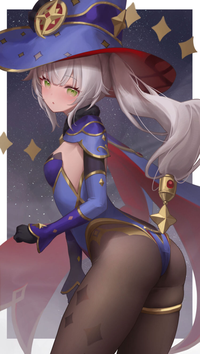 1girl, :o, ass, black_gloves, black_pantyhose, blue_leotard, blunt_bangs, blush