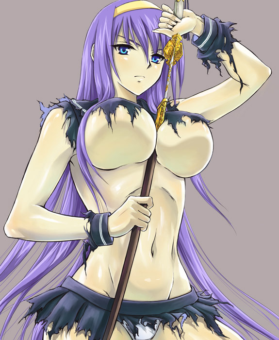 00s, 1girl, between_breasts, blue_eyes, breasts, female_focus, fujimaru_(kinakomucch), hairband, himemiya_chikane, huge_breasts, josei_nyoshou, kannazuki_no_miko, long_hair, manamiya_chikane, navel, panties, purple_hair, sheath, solo, sword, torn_clothes, underboob, underwear, very_long_hair, weapon, zettai_shoujo_seiiki_amnesian