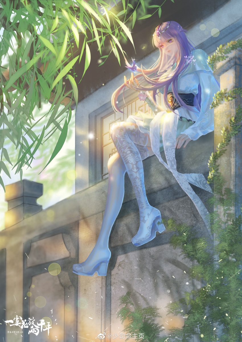 1girl, absurdres, arm_up, asymmetrical_sleeves, bug, building, butterfly, closed_mouth, dust, expressionless, full_body, glint, hair_ornament, hairpin, hao_shi_huasheng, highres, insect, looking_down, purple_eyes, qin_shi_ming_yue, second-party_source, shao_siming_(qin_shi_ming_yue), sitting, solo, veil, white_footwear