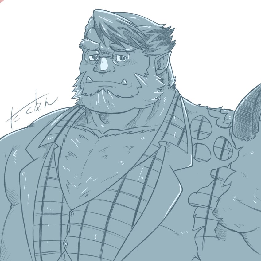 1boy, bara, beard, beast_arm, blue_theme, blush, body_fur, crave_saga