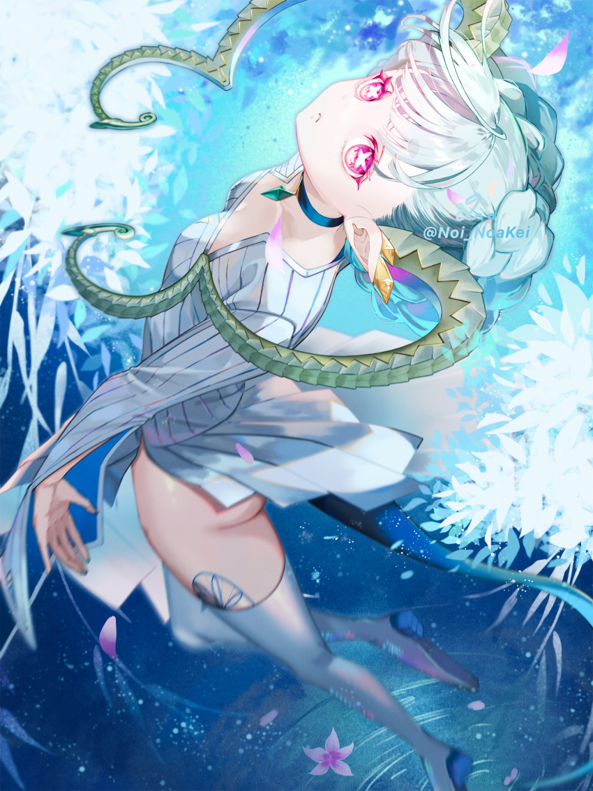 1girl, :<, aqua_dress, aqua_hair, black_choker, braid, breasts, choker, closed_mouth, commentary, crown_braid, curled_horns, dragon_girl, dragon_horns, dragon_tail, dress, fate/grand_order, fate_(series), flower, gem, gluteal_fold, highres, horns, larva_tiamat_(fate), larva_tiamat_(first_ascension)_(fate), long_sleeves, looking_at_viewer, noi_noakei, petals, pink_eyes, pink_flower, pointy_ears, short_hair, small_breasts, solo, striped_clothes, striped_dress, symbol-shaped_pupils, tail, tiamat_(fate), twitter_username, x-shaped_pupils, x_x