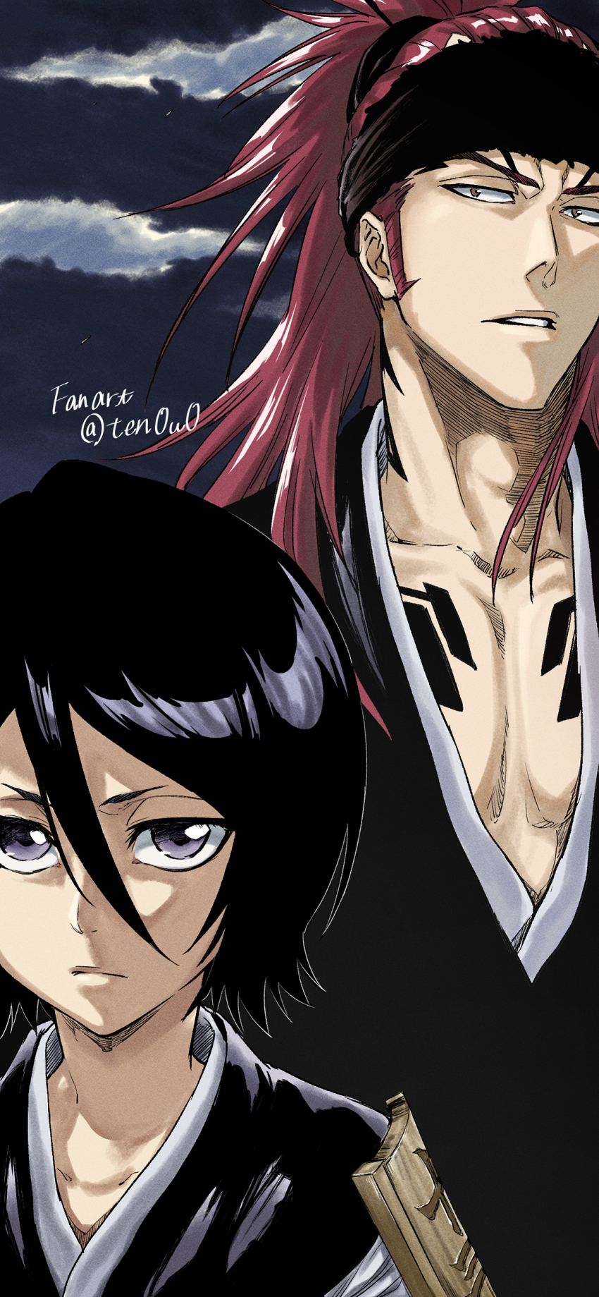 1boy, 1girl, abarai_renji, badge, black_hair, black_headband, black_kimono, bleach