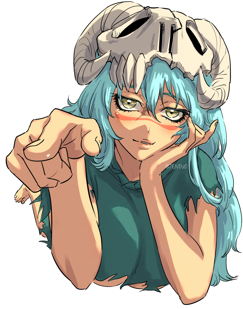 1girl, absurdres, aqua_hair, arrancar, bleach, breasts, facepaint, foreshortening, hair_between_eyes, hand_on_own_face, highres, large_breasts, long_hair, looking_at_viewer, lying, mask, nelliel_tu_odelschwanck, on_stomach, pointing, pointing_at_viewer, scar, scar_on_face, shirt, skull, skull_on_head, solo, ten0u0, torn_clothes, torn_shirt, twitter_username, underboob, yellow_eyes