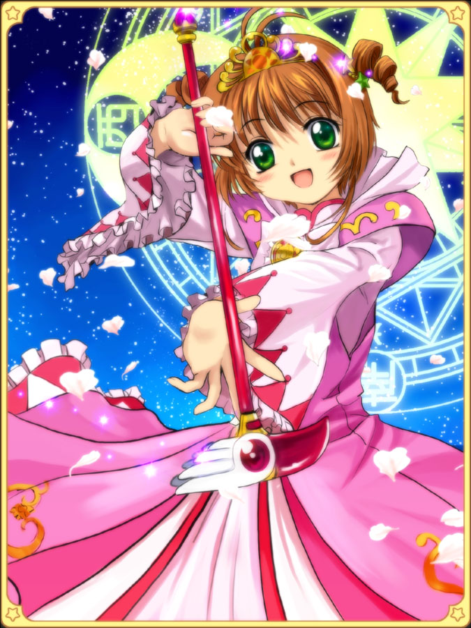 1girl, :d, cardcaptor_sakura, child, cosplay, crossover, crown, drill_hair, female_focus, fine_(cosplay), fine_(futagohime), fushigiboshi_no_futago_hime, fuuin_no_tsue, green_eyes, kinomoto_sakura, kodansha, magic_circle, mutsuki_(moonknives), open_mouth, parody, petals, shogakukan, short_hair, smile, solo, tiara, twin_drills, twintails, two_side_up, wand