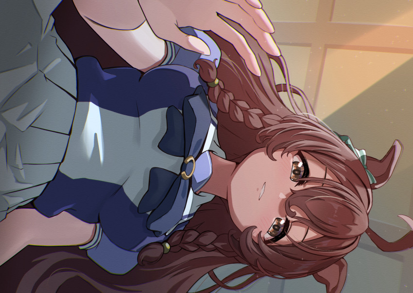 1girl, animal_ears, blush, braid, breasts, brown_eyes, brown_hair, ceiling, commentary_request, hair_between_eyes, hair_ornament, highres, horse_ears, horse_girl, kamikumo_(km_kamikumo), lap_pillow, long_hair, looking_at_viewer, medium_breasts, mejiro_bright_(umamusume), pov, ribbon, school_uniform, side_braids, solo, tracen_school_uniform, umamusume