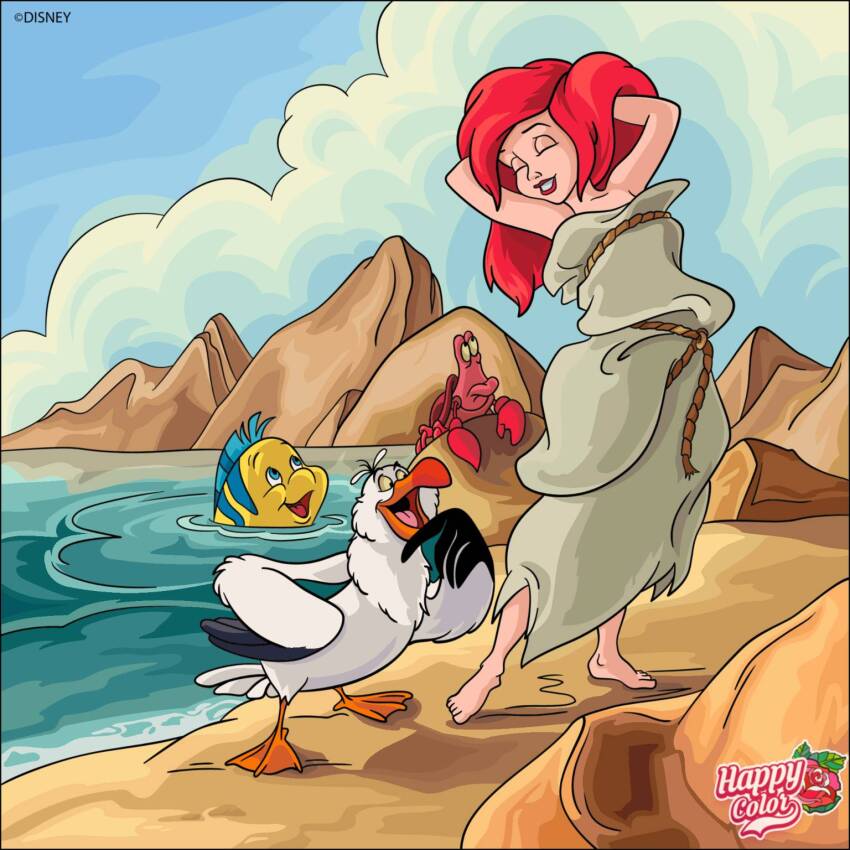 1girl, ariel_(disney), artist_logo, artist_name, beach, bird, blue_sky, closed_eyes, cloud, cloudy_sky, day, fish, flounder_(the_little_mermaid), highres, lobster, logo, long_hair, makeshift_dress, open_mouth, outdoors, ppg2009, red_hair, scuttle_(disney), sebastian_(disney), sky, water, watermark