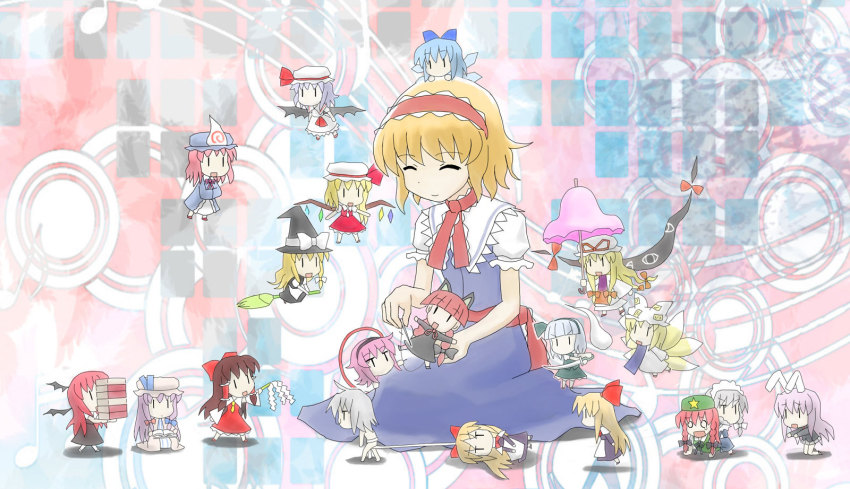 1boy, 6+girls, alice_margatroid, bad_id, bad_pixiv_id, character_doll, cirno, doll, flandre_scarlet, hakurei_reimu, highres, hong_meiling, hourai_doll, izayoi_sakuya, kaenbyou_rin, kirisame_marisa, koakuma, komeiji_satori, konpaku_youmu, konpaku_youmu_(ghost), mini_person, minigirl, morichika_rinnosuke, multiple_girls, nyantalab, patchouli_knowledge, reisen_udongein_inaba, remilia_scarlet, saigyouji_yuyuko, shanghai_doll, touhou, yakumo_ran, yakumo_yukari, |_|