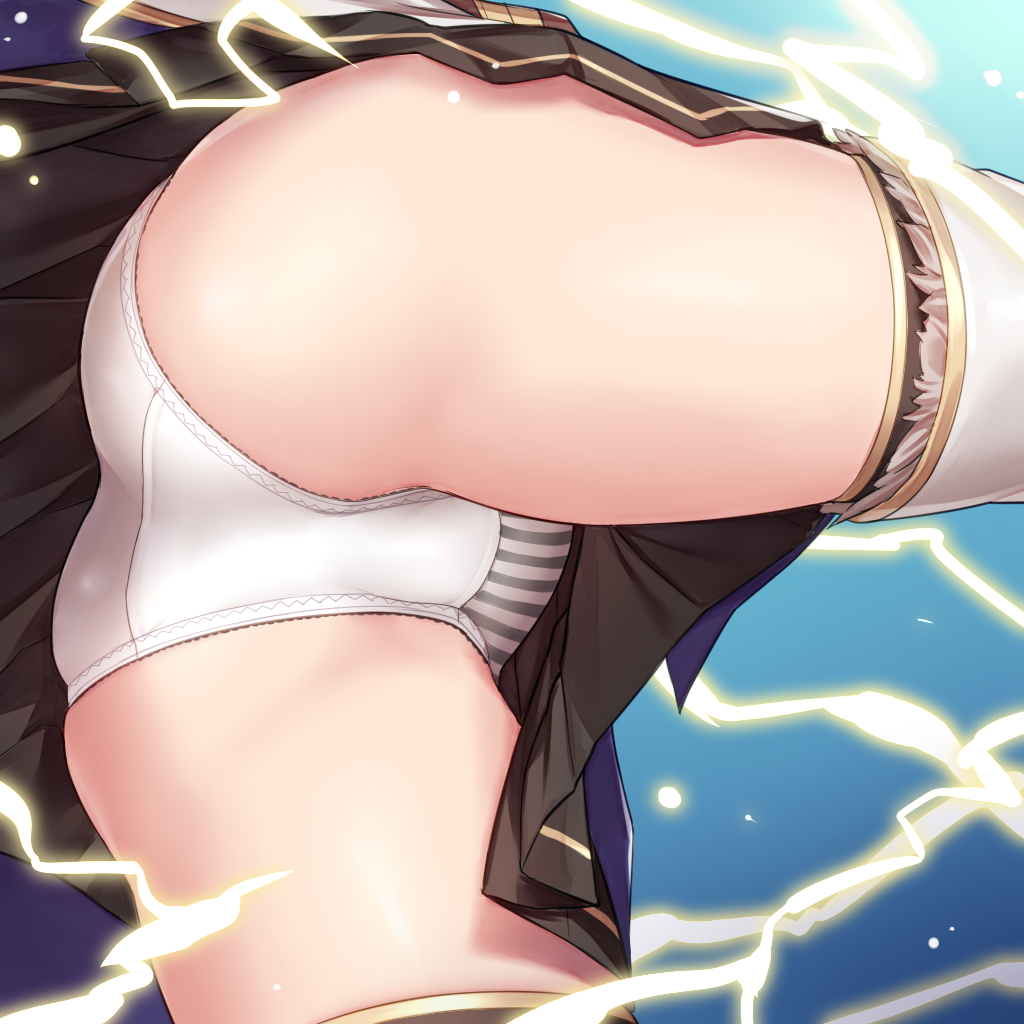 1girl, ass, black_skirt, character_request, close-up, commentary_request, commission, cryptract, head_out_of_frame, legs, lightning, lower_body, paid_reward_available, panties, panty_focus, pixiv_commission, pleated_skirt, skirt, solo, thighhighs, torimaru, underwear, upskirt, white_panties, white_thighhighs