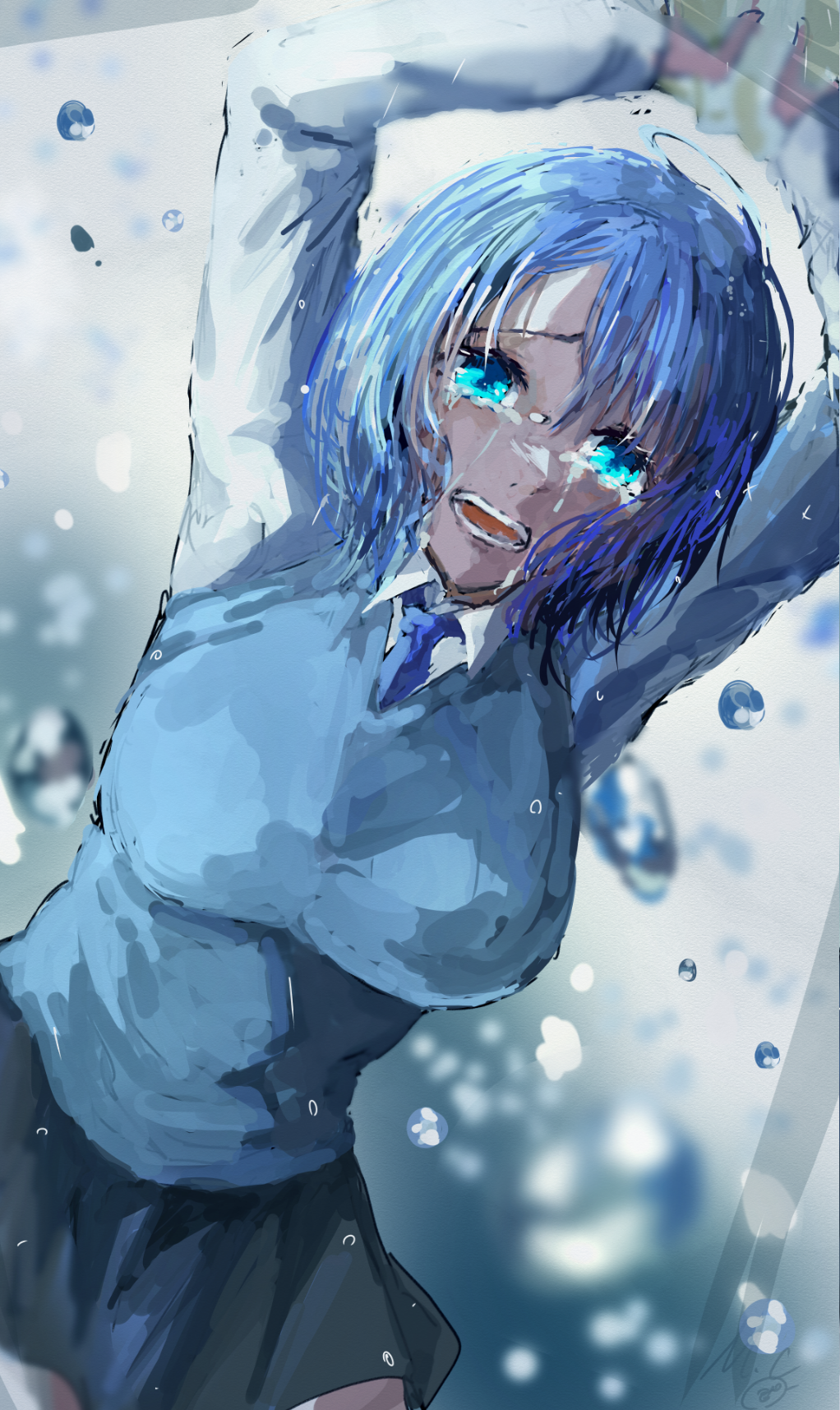 1girl, black_skirt, blue_eyes, blue_hair, blue_necktie, blue_sweater_vest, collared_shirt, commentary_request