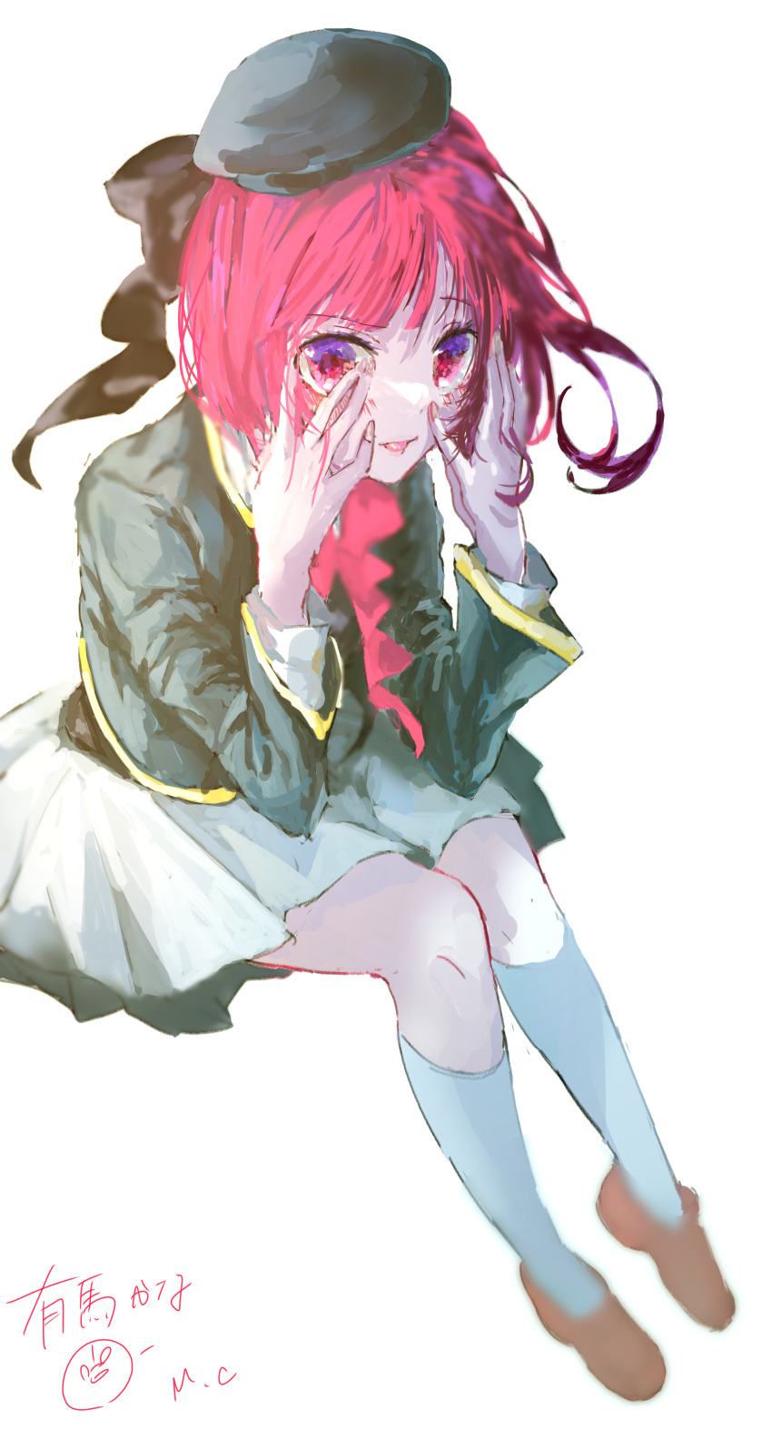 1girl, absurdres, arima_kana, beret, black_hat, black_jacket, black_ribbon, blurry