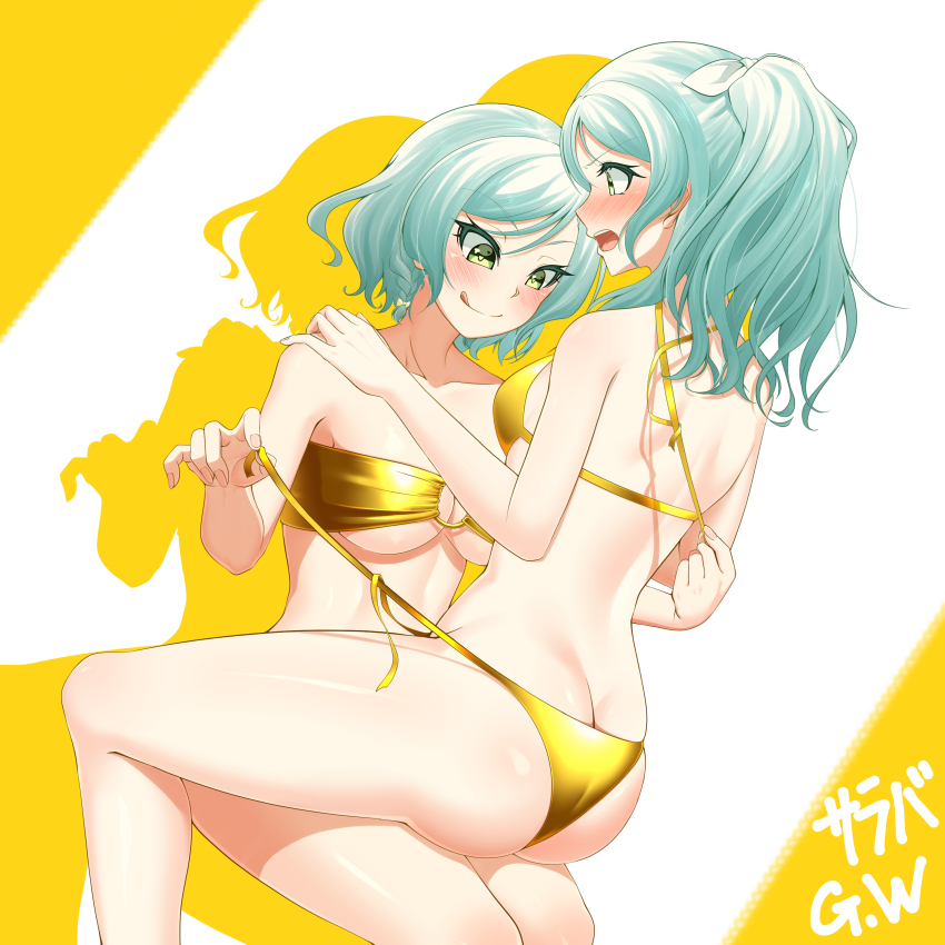 2girls, :q, absurdres, alternate_hairstyle, aqua_hair, ass, bang_dream!, bang_dream!_girls_band_party!, bare_arms, bare_legs, bare_shoulders, bikini, blush, bow, braid, breast_awe, breasts, butt_crack, cleavage, closed_mouth, collarbone, commentary_request, drop_shadow, dutch_angle, feet_out_of_frame, fingernails, girl_on_top, gold_bikini, green_eyes, hair_bow, hair_ribbon, halterneck, hand_on_another's_shoulder, hands_up, heart, heart-shaped_pupils, high_ponytail, high_side_ponytail, highres, hikawa_hina, hikawa_sayo, incest, invisible_chair, large_breasts, long_hair, looking_at_another, looking_at_breasts, looking_down, medium_breasts, multiple_girls, nose_blush, o-ring, o-ring_bikini, o-ring_top, open_clothes, open_mouth, ponytail, profile, ribbon, short_hair, shoulder_blades, siblings, side-tie_bikini_bottom, side_braid, side_ponytail, sisters, sitting, sitting_on_lap, sitting_on_person, smile, strapless, strapless_bikini, swept_bangs, swimsuit, symbol-shaped_pupils, teeth, tongue, tongue_out, twincest, twins, two-tone_background, untied_bikini, untying, upper_teeth_only, v-shaped_eyebrows, white_background, white_ribbon, yellow_background, yellow_bow, you-q_(youq14), yuri