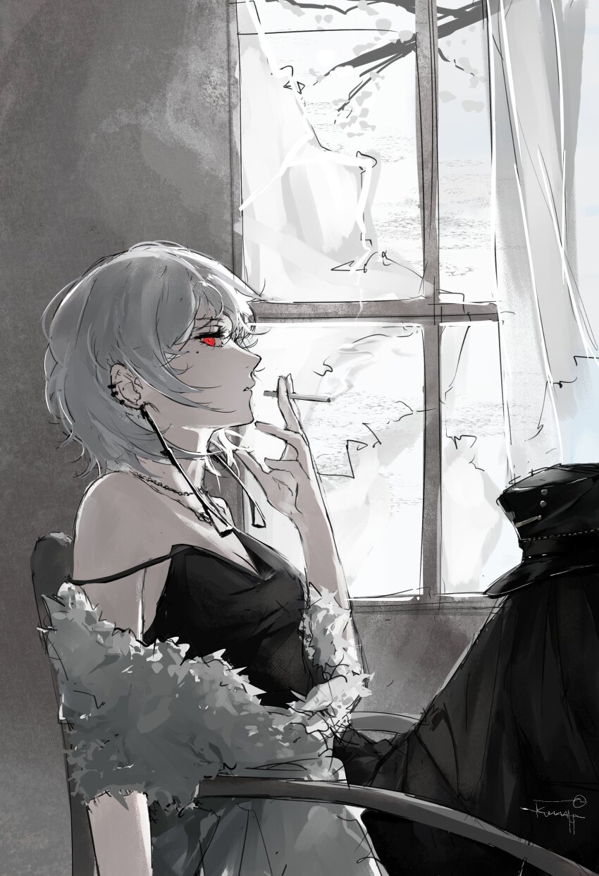 1girl, absurdres, black_dress, chainsaw_man, cigarette, dress, earrings, fami_(chainsaw_man)