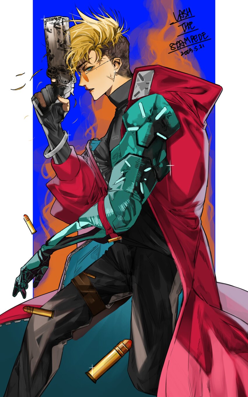 1boy, absurdres, agl_arms_.45_long_colt, ammunition, black_gloves, black_hair, black_pants, black_shirt, blonde_hair, blue_eyes, break-action_revolver, bullet, character_name, coat, cowboy_shot, earrings, fingerless_gloves, glasses, gloves, gun, hand_up, handgun, handgun_cartridge, highres, holding, holding_gun, holding_weapon, jewelry, long_sleeves, low_bore_axis_revolver, male_focus, orange-tinted_eyewear, pants, profile, prosthesis, prosthetic_arm, red_coat, revolver, revolver_cartridge, round_eyewear, shirt, short_hair, single_earring, solo, standing, taco_v3, tinted_eyewear, trigun, trigun_stampede, turtleneck, undercut, vash_the_stampede, weapon