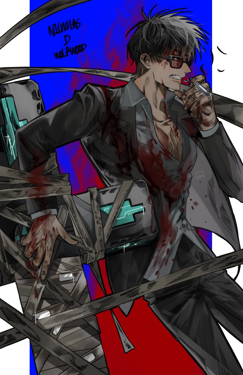 1boy, absurdres, black_eyes, black_hair, black_pants, black_shirt, blood, blood_on_clothes, blood_on_face, blood_on_hands, character_name, clenched_teeth, collarbone, collared_shirt, cowboy_shot, cross, glasses, grey_shirt, hand_up, highres, holding, long_sleeves, male_focus, nicholas_d._wolfwood, pants, partially_unbuttoned, shirt, short_hair, solo, standing, taco_v3, teeth, trigun, trigun_stampede, vial