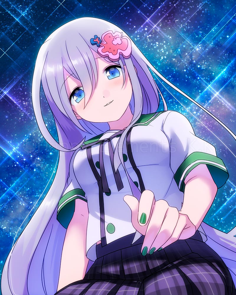 1girl, blue_eyes, blush, ensemble_girls!, ensemble_girls_(artist), green_nails, green_sailor_collar, grey_hair