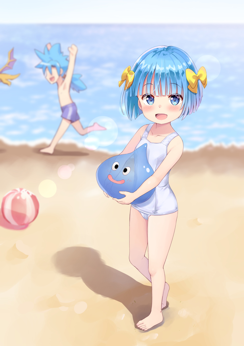 1boy, 1girl, 2others, absurdres, alternate_color_school_swimsuit, ball, beach, beachball