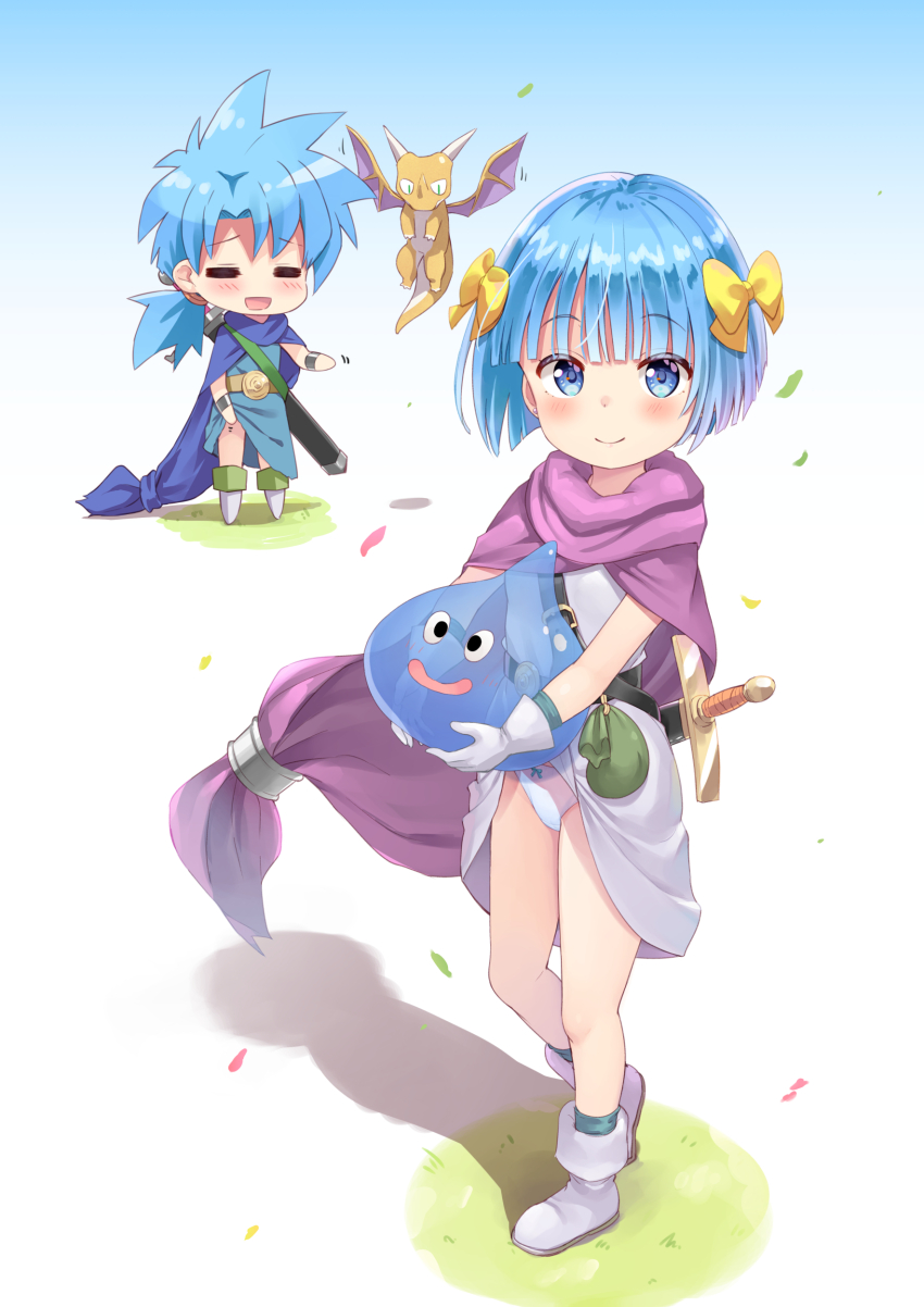 1boy, 1girl, 2others, absurdres, belt_pouch, blue_cape, blue_eyes, blue_hair