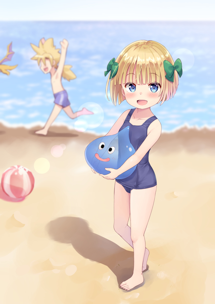 1boy, 1girl, 2others, absurdres, ball, beach, beachball, blonde_hair, blue_eyes, blue_male_swimwear, blue_one-piece_swimsuit, blue_swim_trunks, blunt_bangs, blurry, blurry_background, blush, bow, breasts, brother_and_sister, child, commentary_request, depth_of_field, dragon, dragon_quest, ear_piercing, full_body, green_bow, hair_bow, hero's_daughter_(dq5), hero's_son_(dq5), highres, large_variant_set, male_swimwear, multiple_others, ocean, old_school_swimsuit, one-piece_swimsuit, outdoors, paid_reward_available, piercing, ponytail, school_swimsuit, short_hair, siblings, slime_(creature), slime_(dragon_quest), small_breasts, small_fry_(dragon_quest), standing, swim_trunks, swimsuit, tenjou_ryuka, variant_set