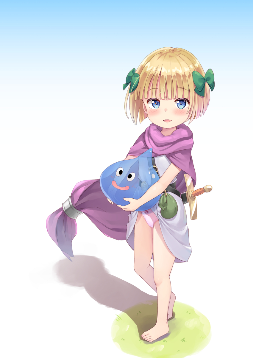 1girl, 1other, absurdres, barefoot, belt_pouch, blonde_hair, blue_eyes, blunt_bangs, blush, bow, bow_panties, breasts, cape, child, clothes_lift, commentary_request, dragon_quest, dress, dress_lift, ear_piercing, full_body, green_bow, hair_bow, hero's_daughter_(dq5), highres, large_variant_set, lifting_own_clothes, paid_reward_available, panties, piercing, pink_panties, pouch, purple_cape, red_bow, short_hair, slime_(creature), slime_(dragon_quest), small_breasts, small_fry_(dragon_quest), solo, standing, sword, tenjou_ryuka, toes, underwear, variant_set, weapon, white_dress