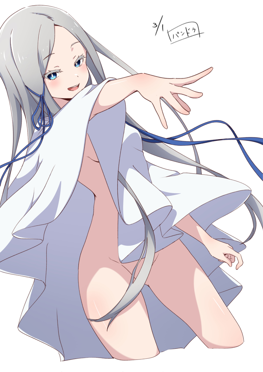 1girl, absurdres, blue_eyes, blue_ribbon, colored_eyelashes, convenient_censoring, dated, dress, grey_hair, hair_ribbon, highres, long_hair, looking_at_viewer, naked_poncho, nishizuki_shino, no_panties, open_mouth, pandora_(re:zero), re:zero_kara_hajimeru_isekai_seikatsu, ribbon, smile, solo, very_long_hair, white_background, white_dress