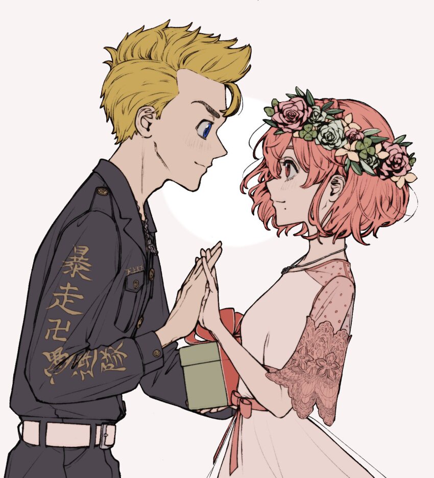 1boy, 1girl, agemarokarisu, belt, black_jacket, black_pants, blonde_hair, blue_eyes, box, closed_mouth, couple, cowboy_shot, dress, gift, gift_box, hanagaki_takemichi, hand_up, hetero, highres, holding, holding_gift, jacket, long_sleeves, mole, mole_under_mouth, pants, pink_dress, pink_hair, profile, red_eyes, see-through_clothes, see-through_sleeves, short_sleeves, simple_background, smile, standing, tachibana_hinata_(tokyo_revengers), tokyo_revengers, tokyo_revengers_pazuribe!, white_background, white_belt