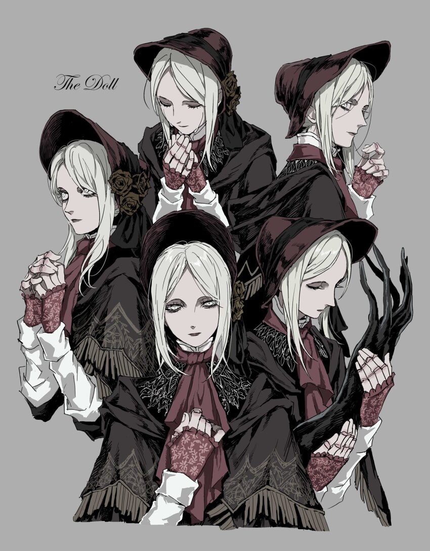 1girl, ascot, bloodborne, bonnet, character_name, cloak, closed_eyes, cropped_torso, doll_joints, dress, fingerless_gloves, flower, gloves, grey_hair, hand_up, hat, highres, joints, long_hair, long_sleeves, looking_at_viewer, multiple_views, plain_doll, profile, red_gloves, simple_background, soldalepaz11, upper_body, white_eyes