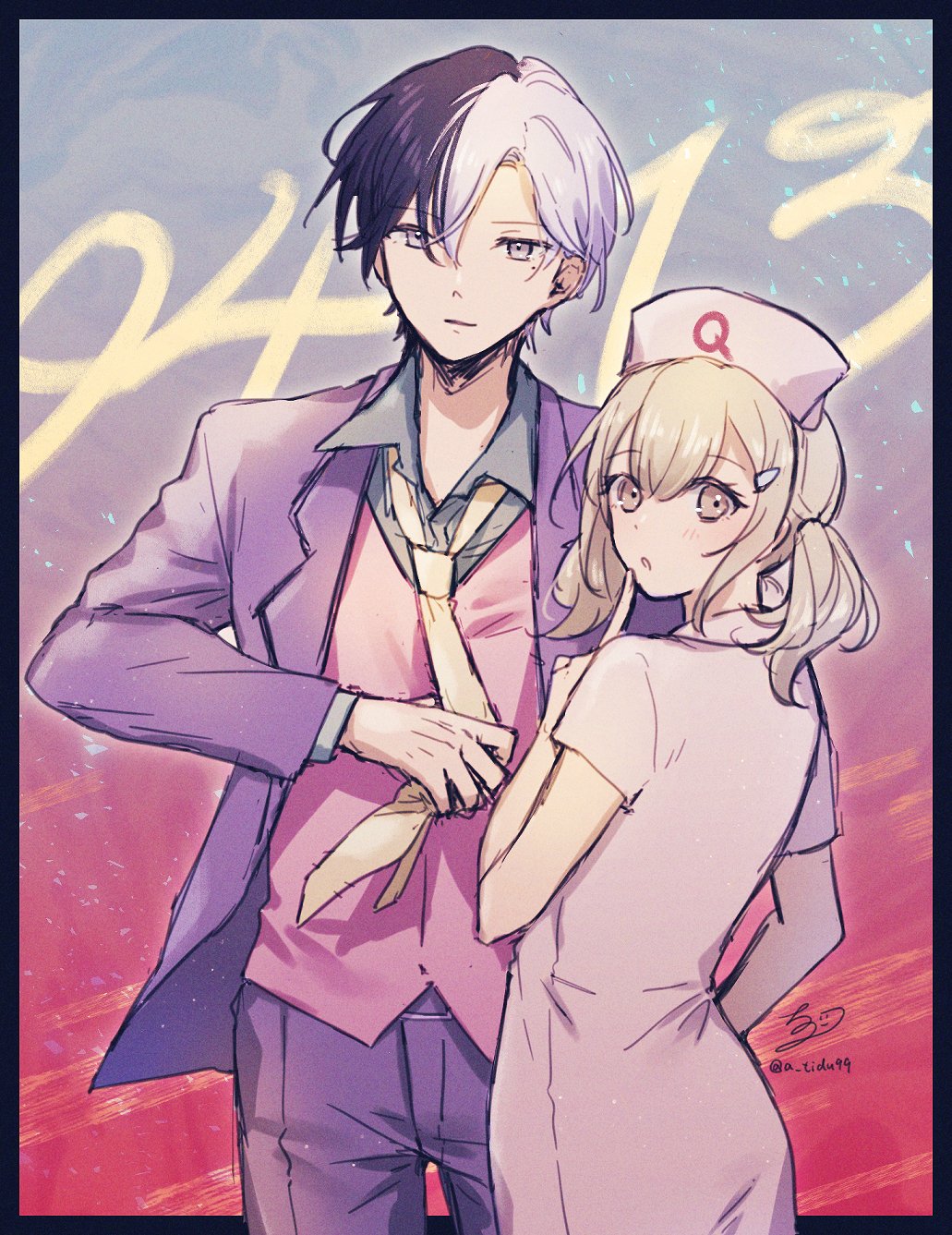 1boy, 1girl, alternate_costume, aoyagi_touya, azusawa_kohane, blonde_hair, blue_hair, brown_eyes, chizu_(fiute), collared_shirt, commentary_request, dark_blue_hair, grey_eyes, hat, highres, junky_night_town_orchestra_(vocaloid), long_sleeves, mole, mole_under_eye, multicolored_hair, necktie, nurse_cap, parted_lips, project_sekai, shirt, short_hair, short_sleeves, short_twintails, signature, twintails, twitter_username, two-tone_hair, yellow_necktie