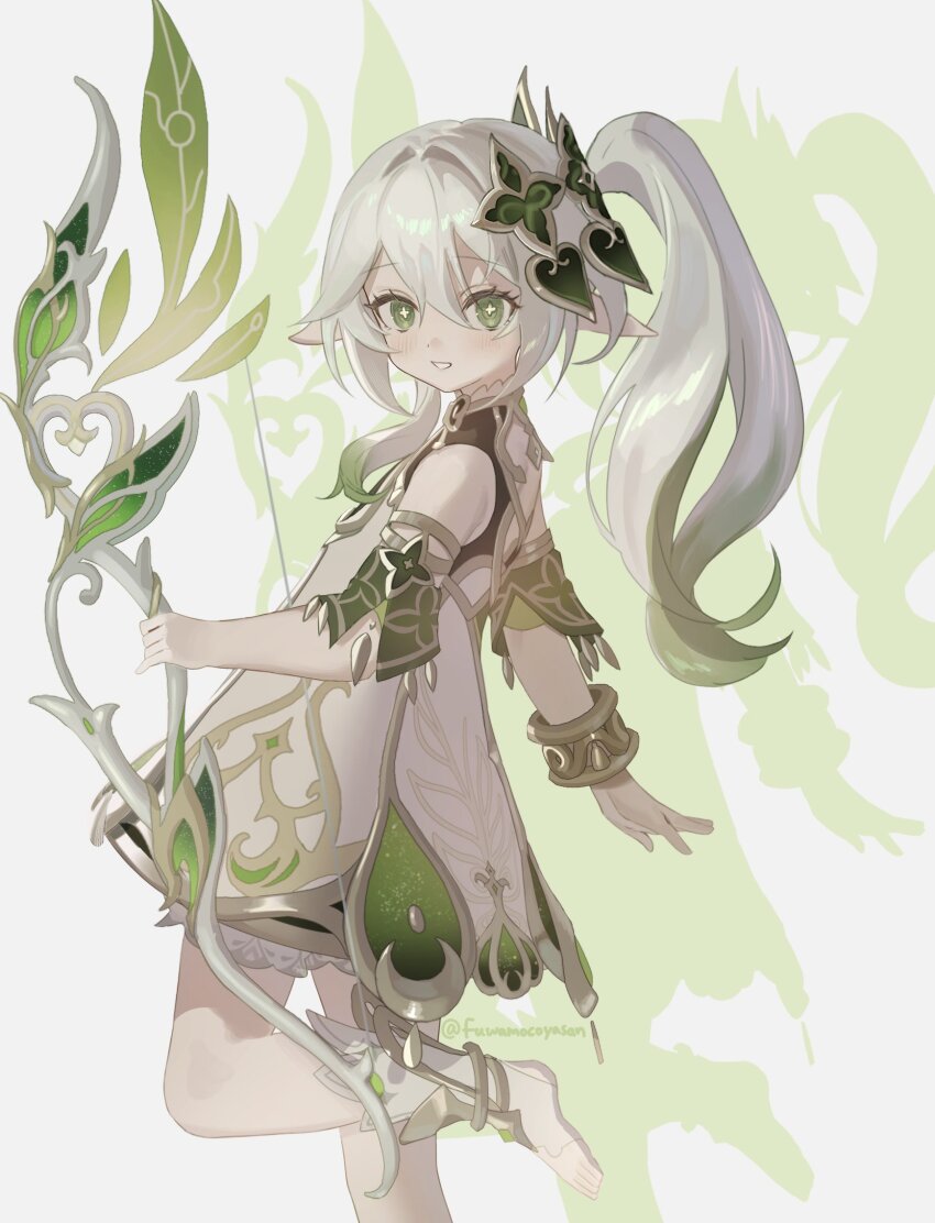 1girl, bow, bracelet, cross-shaped_pupils, detached_sleeves, dress, fuwamocoyasan, genshin_impact, gradient_hair, green_eyes, green_hair, hair_between_eyes, hair_ornament, highres, hunter's_path_(genshin_impact), jewelry, long_hair, looking_at_viewer, multicolored_hair, nahida_(genshin_impact), pointy_ears, side_ponytail, sidelocks, silhouette, smile, solo, symbol-shaped_pupils, toeless_footwear, toeless_legwear, white_dress, white_hair