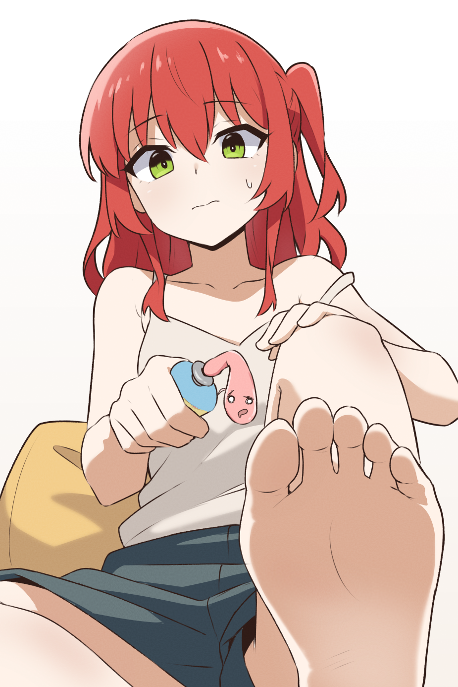 1girl, amogan, bare_shoulders, barefoot, bocchi_the_rock!, camisole, foot_focus, gotoh_hitori, green_eyes, hair_between_eyes, highres, kita_ikuyo, long_hair, off_shoulder, ointment, one_side_up, red_hair, shorts, simple_background, soles, solo, strap_slip, sweat, toes, white_camisole
