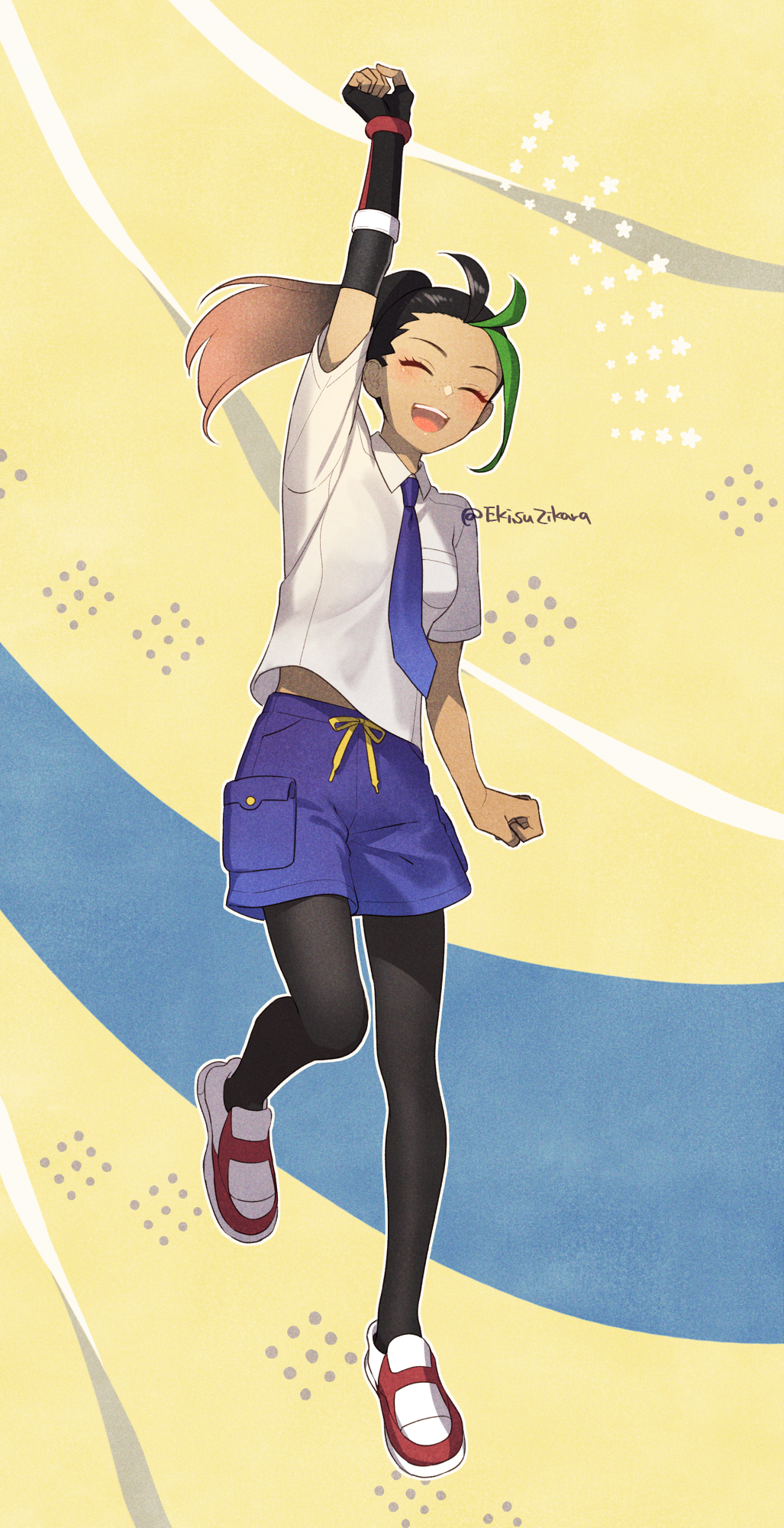 1girl, arm_up, black_hair, black_leggings, closed_eyes, commentary_request, dark-skinned_female, dark_skin