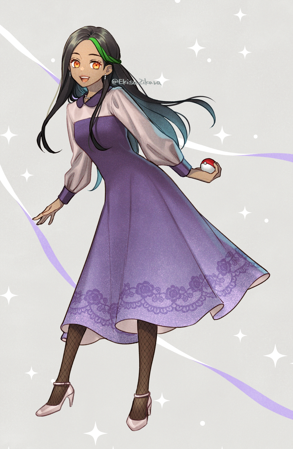 1girl, alternate_costume, alternate_hairstyle, black_hair, commentary_request, dark-skinned_female, dark_skin, dress, earrings, fishnet_pantyhose, fishnets, full_body, green_hair, half_updo, high_heels, highres, holding, holding_poke_ball, jewelry, long_hair, long_sleeves, multicolored_hair, necklace, nemona_(pokemon), nintendo, open_mouth, orange_eyes, pantyhose, pearl_earrings, pearl_necklace, poke_ball, poke_ball_(basic), pokemon, pokemon_scarlet_and_violet, purple_dress, satono_omo, smile, solo, streaked_hair, two-tone_hair, white_footwear