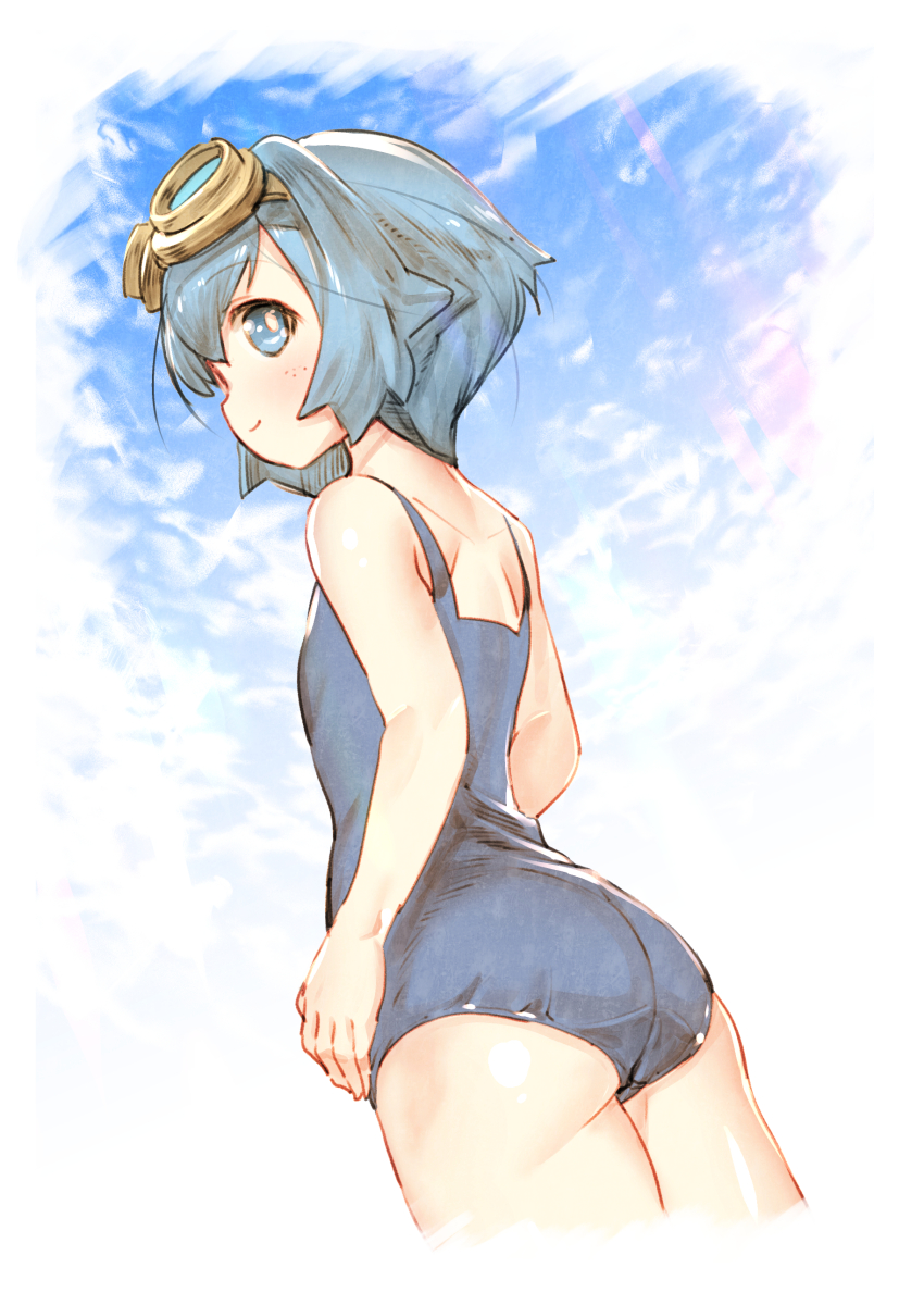 1girl, absurdres, bare_arms, blue_eyes, blue_hair, border, bright_pupils, closed_mouth, commentary_request, day, from_below, goggles, goggles_on_head, highres, lana_(pokemon), looking_to_the_side, nintendo, no_pants, no_shirt, one-piece_swimsuit, outdoors, pokemon, pokemon_(anime), pokemon_the_series:_sun_&amp;_moon, short_hair, shoulder_blades, smile, solo, swimsuit, usapenpen2019, white_border