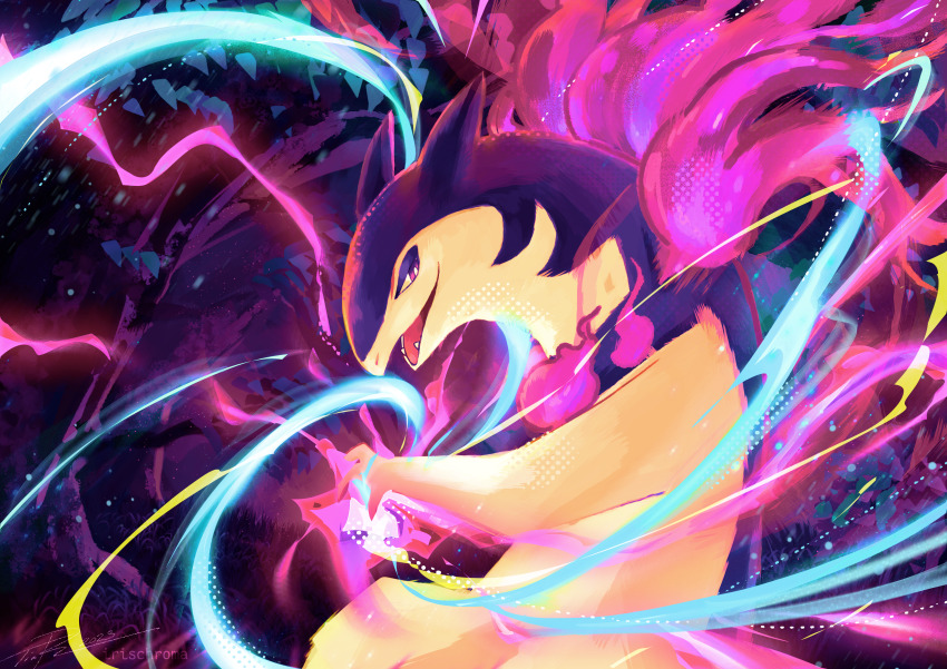 absurdres, bright_pupils, energy, fangs, fire, from_side, highres, hisuian_typhlosion