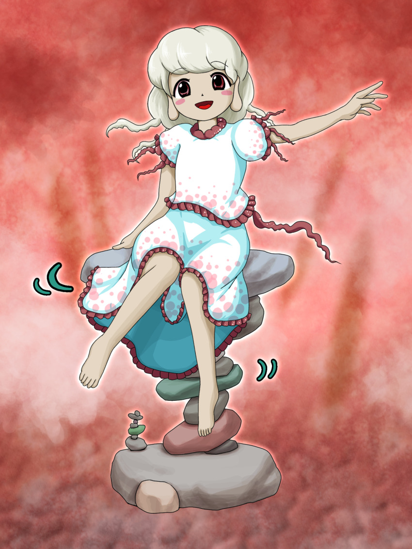 1girl, balancing, barefoot, blonde_hair, blush_stickers, commentary_request, ebisu_eika, frilled_shirt