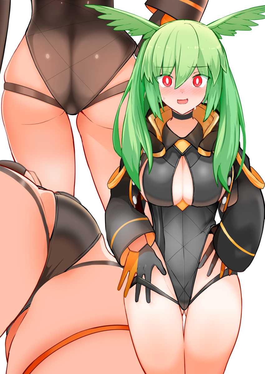 1girl, adjusting_clothes, adjusting_swimsuit, ass, black_one-piece_swimsuit, blush, breasts, cleavage, cleavage_cutout, clothing_cutout, commentary_request, embarrassed, fate/grand_order, fate_(series), from_behind, from_below, gloves, gluteal_fold, green_hair, head_wings, highleg, highleg_one-piece_swimsuit, highres, jacket, large_breasts, long_sleeves, looking_at_viewer, multiple_views, olrun_(fate), one-piece_swimsuit, open_mouth, red_eyes, short_hair, simple_background, swimsuit, thigh_gap, thighs, valkyrie_(fate), white_background, wings, yoosai