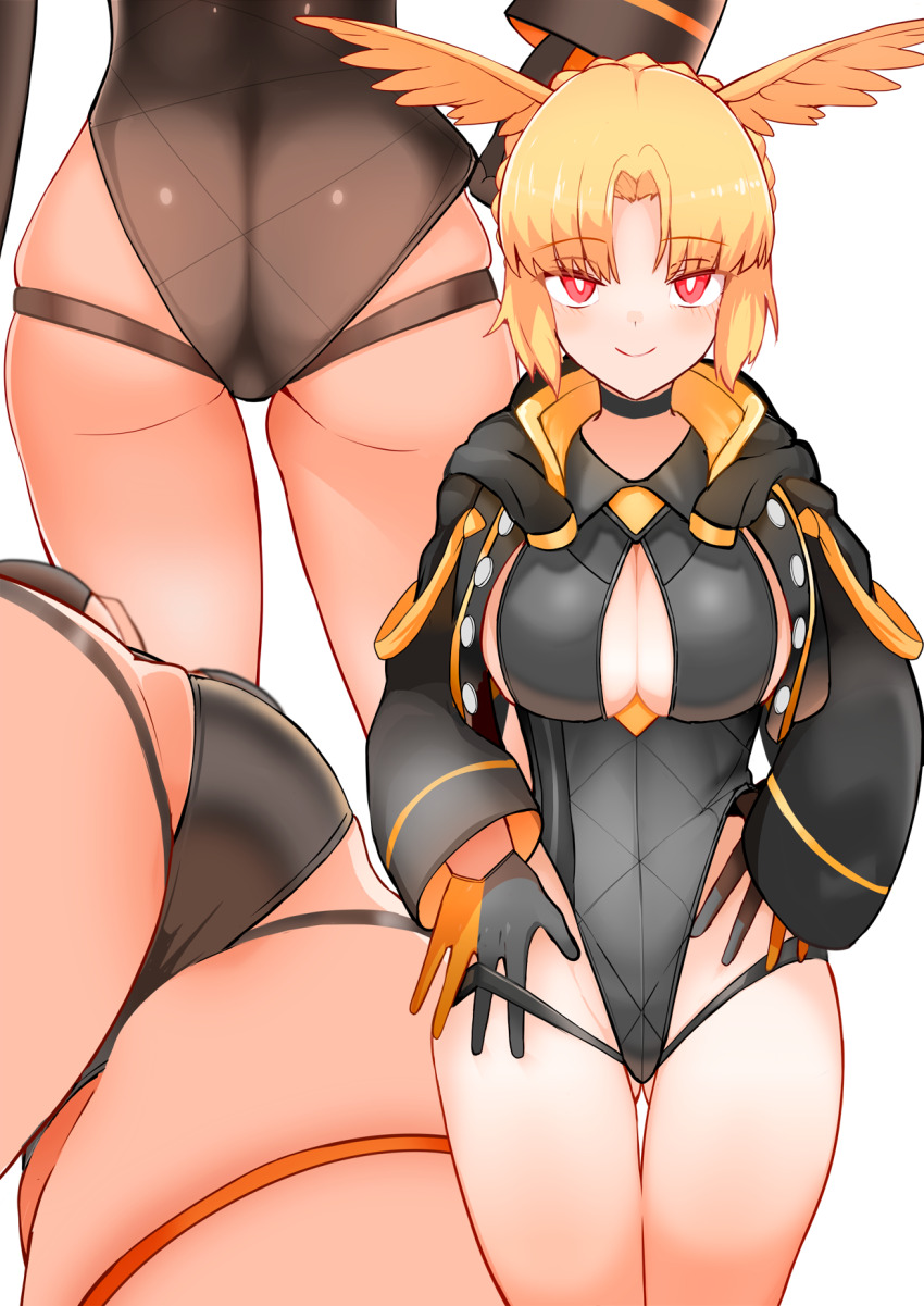 1girl, adjusting_clothes, adjusting_swimsuit, ass, black_one-piece_swimsuit, blonde_hair, blush, breasts, cleavage, cleavage_cutout, closed_mouth, clothing_cutout, commentary_request, fate/grand_order, fate_(series), from_behind, from_below, gloves, gluteal_fold, head_wings, highleg, highleg_one-piece_swimsuit, highres, jacket, large_breasts, long_sleeves, looking_at_viewer, medium_breasts, multiple_views, one-piece_swimsuit, red_eyes, rindr_(fate), short_hair, simple_background, smile, swimsuit, thigh_gap, thighs, valkyrie_(fate), white_background, wings, yoosai