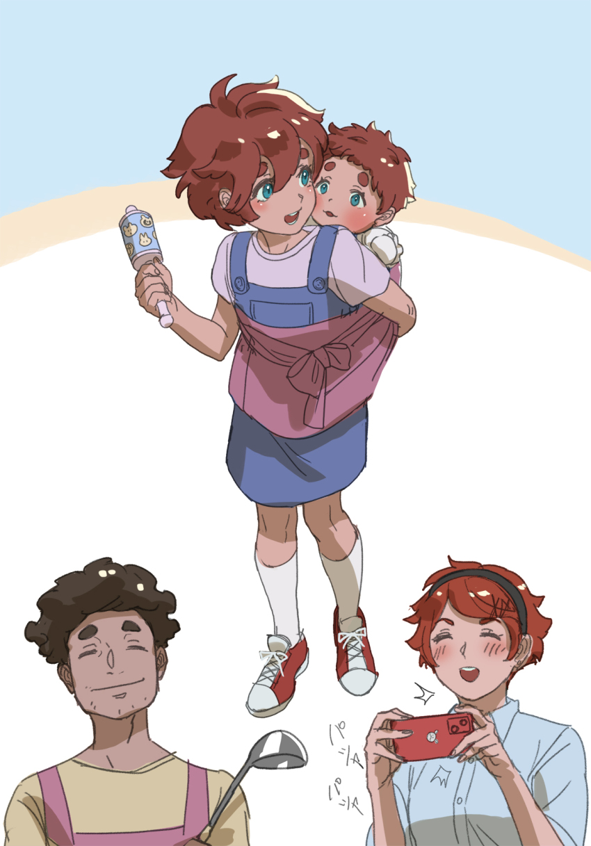 1boy, 2girls, ahoge, alternate_universe, apron, aqua_eyes, baby, black_hair