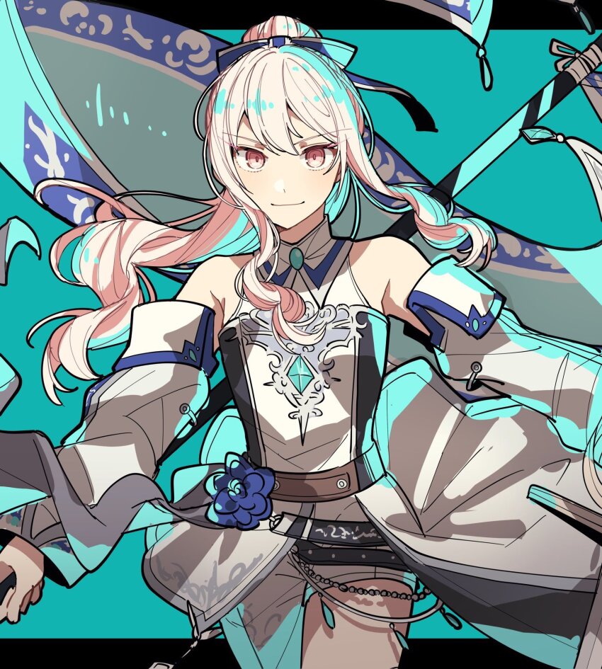 1other, akiyama_mizuki, bare_shoulders, belt, blue_background, blue_bow, blue_flower, bow