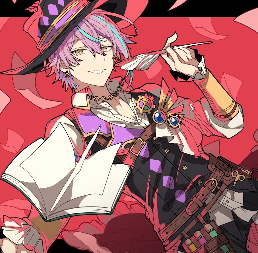 1boy, absurdres, belt, black_pants, black_vest, blue_hair, book, brown_belt