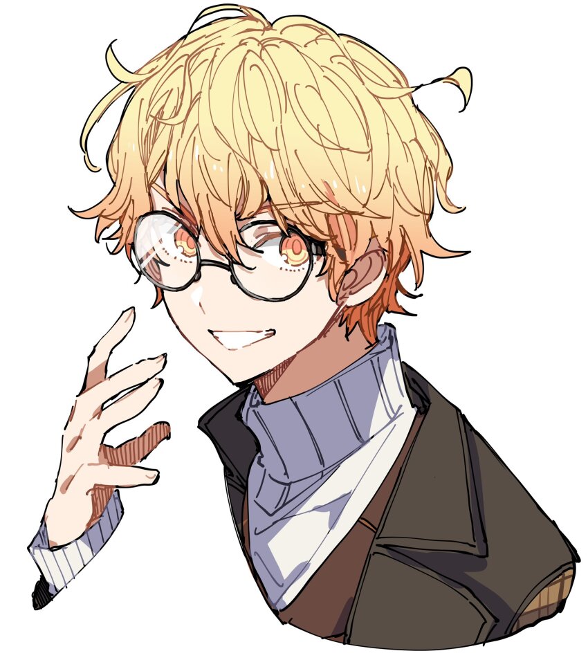 1boy, black-framed_eyewear, blonde_hair, brown_coat, brown_vest, coat, cropped_torso, disembodied_hand