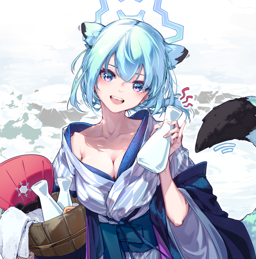 1girl, animal_ears, armpit_crease, bathrobe, blue_archive, blue_hair, bottle, breasts