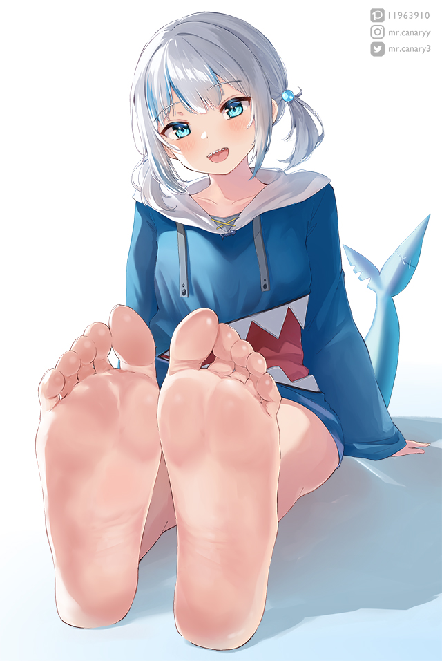 1girl, barefoot, blue_eyes, blush, feet, fins, fish_tail, foot_focus, gawr_gura, gawr_gura_(1st_costume), hololive, hololive_english, long_hair, looking_at_viewer, mr.canaryy, multicolored_hair, open_mouth, shark_tail, sharp_teeth, silver_hair, smile, soles, streaked_hair, tail, teeth, toes, twitter_logo, virtual_youtuber