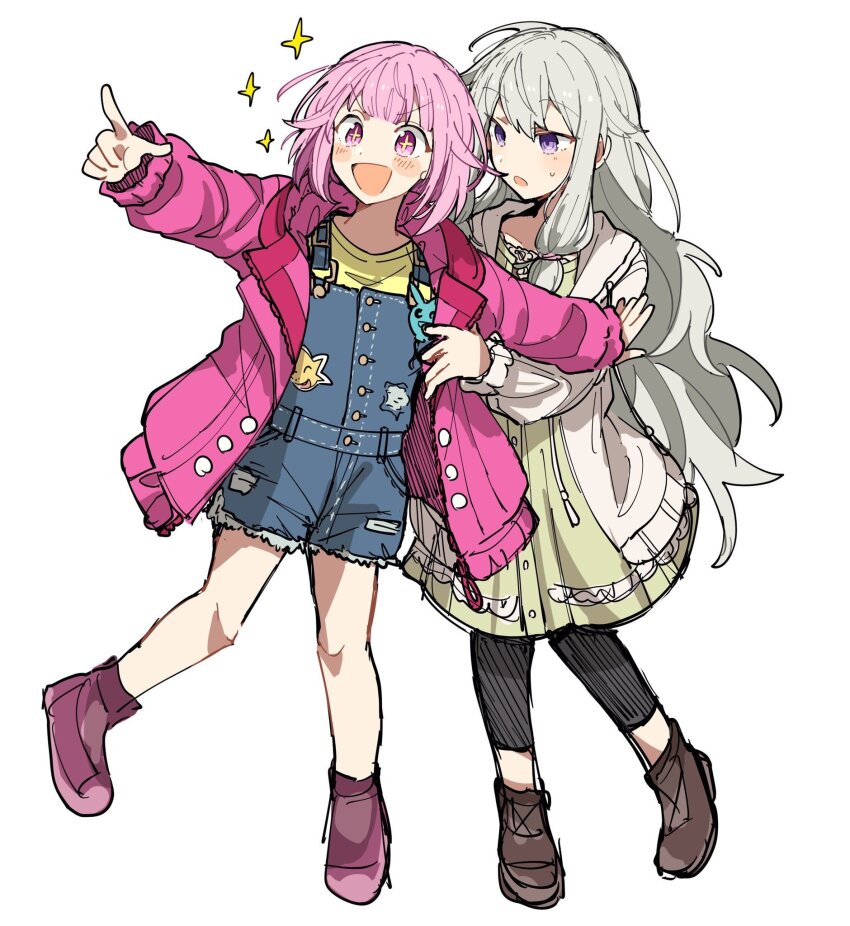 2girls, black_leggings, blue_overalls, blush, brown_footwear, dress, full_body, green_dress